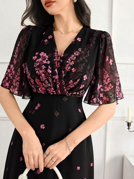 Women's Georgette Dresses Floral | Casual Summer Dress with Belt | - Image 2