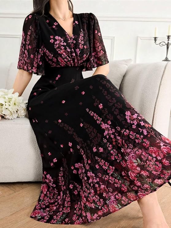 Women's Georgette Dresses Floral | Casual Summer Dress with Belt | - Image 3