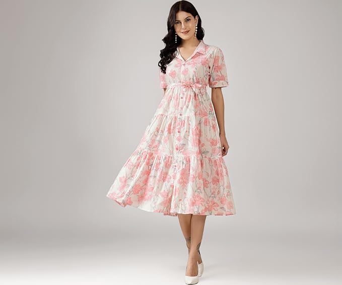 Stylum Cotton Maxi Dress for Women Floral Printed Flared Western Dress for Women