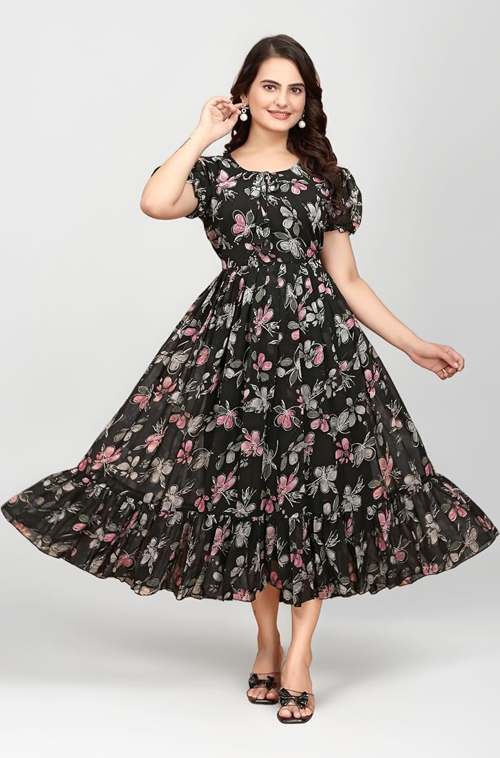 Women's Georgette Dresses Floral | Casual Summer Dress with Belt | - Image 4